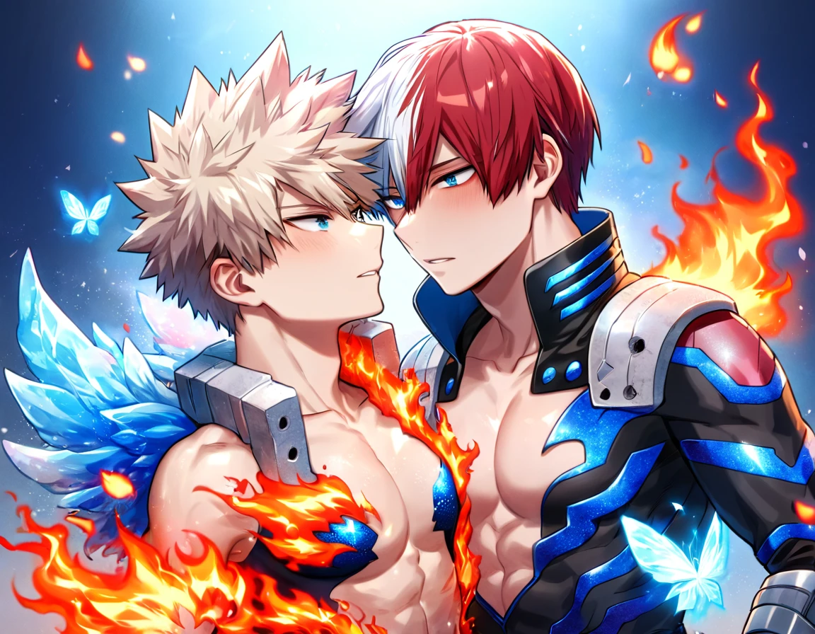 Ultra detailed, Highres, absurdres, HDR, Todoroki Shouto, bicolored hair, white right side hair, red left side hair, expressive blue eyes, Bakugo Katsuki, ash blond hair, expressive red eyes, blue flowers, Boku No Hero Academia, petals, handsome, two sexy man together, gay couple, yaoi, love, very detailed eyes and face, glittering blue butterflies, master piece, toned chest, glittering, fantasy, cross, blue background, blue flames, magical, fire and ice, black hero clothes