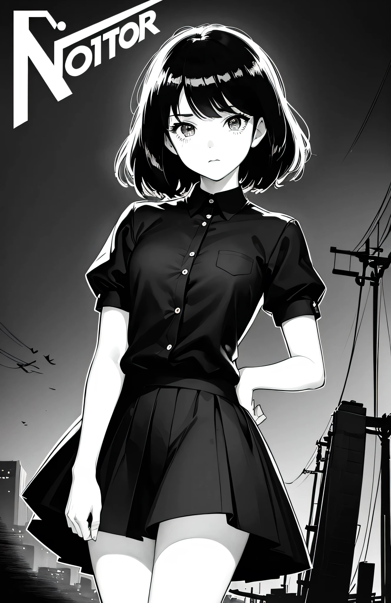 (Noir comic style illustration:1.2),(Black and White_High Contrast),One Girl,Line art,Monochrome,sketch,Pencil drawing,Traditional Media,One Girl,skirt,Short sleeve、Are standing, (Cute Teenage Girls, alone),Beautiful portrait、Delicate body、Respect、Sketch Book、Black Hair,Beautiful Landscape,sketch,