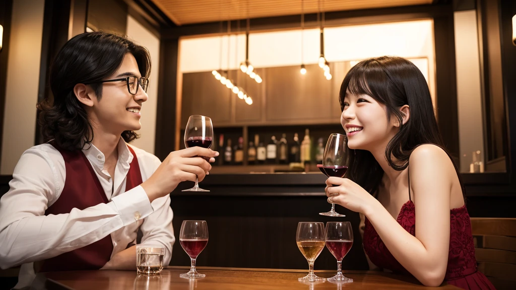 (masterpiece:1.2), high quality, High resolution, High-definition images like those taken with a high-end camera、Two people, male and female、sitting next to each other in chairs、There is food on the table、The man is a 24-year-old Japanese man.、Cut your hair short、Wearing glasses、Looks quiet、Black Hair、Curly hair、Holding a wine glass with red wine、The woman is an 18-year-old Japanese woman.、A lovely smile while drinking、Holding a cocktail glass filled with a cocktail、The location is a dimly lit bar