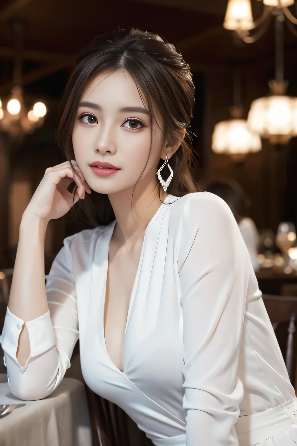 masterpiece, highest quality, Realistic, Very detailed, Finer details, High resolution, 8k wallpaper, One beautiful woman, Wear an elegant white see-through blouse, In a great restaurant, At night, Light brown messy hair, Perfect dynamic composition, Beautiful and beautiful eyes、Big earrings、Sitting in a chair、