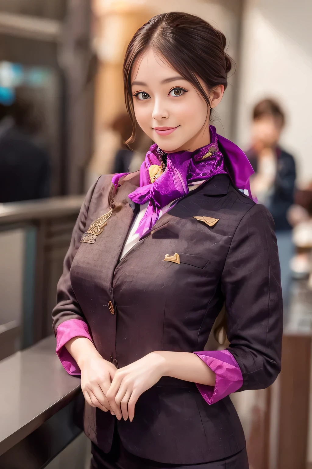 (masterpiece:1.2、highest quality:1.2)、32K HDR、High resolution、(alone、1 girl、Slim figure)、（Realistic reproduction of Etihad Airways flight attendant uniforms）、 (At the airport counter, Professional Lighting)、A proper woman, Beautiful Face,、（Etihad Airways flight attendant long sleeve uniform）、（Etihad Airways flight attendant uniforms、Skirt with purple stripes on the front）、（Scarf around the neck）、Big Breasts、（long hair、Hair Bun）、Dark brown hair、Long Shot、（（Great hands：2.0））、（（Harmonious body proportions：1.5））、（（Normal limbs：2.0））、（（Normal finger：2.0））、（（Delicate eyes：2.0））、（（Normal eyes：2.0））)、Beautiful standing posture、smile