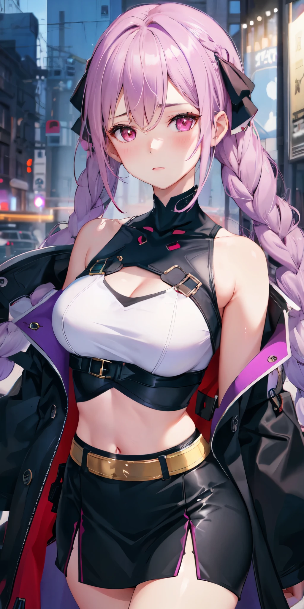 1 Girl, Open your mouth, blush, cosmetic, A faint smile, Purple and white gradient double braids, Red Eyes, Crop Top, skirt, light, glow, thigh, clavicle, Willow Waist, (masterpiece), wallpaper,