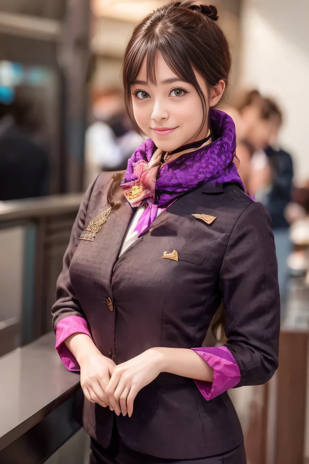 (masterpiece:1.2、highest quality:1.2)、32K HDR、High resolution、(alone、1 girl、Slim figure)、（Realistic reproduction of Etihad Airways flight attendant uniforms）、 (At the airport counter, Professional Lighting)、A proper woman, Beautiful Face,、（Etihad Airways flight attendant long sleeve uniform）、（Etihad Airways flight attendant uniforms、Skirt with purple stripes on the front）、（Scarf around the neck）、Big Breasts、（long hair、Hair Bun）、Dark brown hair、Long Shot、（（Great hands：2.0））、（（Harmonious body proportions：1.5））、（（Normal limbs：2.0））、（（Normal finger：2.0））、（（Delicate eyes：2.0））、（（Normal eyes：2.0））)、Beautiful standing posture、smile