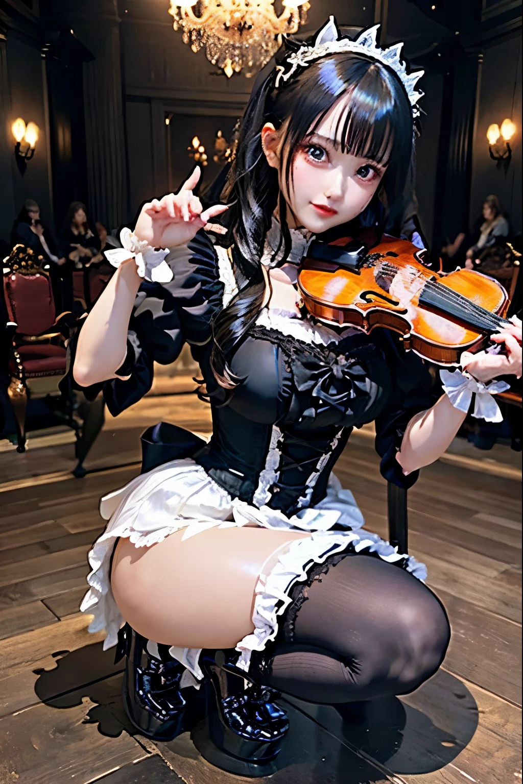 ハードDark Gothicメイク、Deep Night Sky、Horror、Black dark eyeshadow、sad、Good skin radiance、Dark Gothicメイク、Dark smile、palace、24-years-old、Embarrassed look、Dark Gothic、Obscene language、highest quality、Drunk face、紫のMaid clothes、Mysterious、Noble、sexy、Loving smile、Right blue eye, Left eye is red、Platform Heel Shoes、Heavy makeup、Gothic ta Clothing、A little slimmer、Silver Hair、Long Hair Straight Hair、Cute Gothic Loliress、Beautiful Face、elegant features、Fascinating face、Stained glassが背景、Chest glistening with sweat、The room is dark、gothic long dress、Bell Sleeves、Wizard Sleeve、Decadent look、Sexually excited expression、Glossy thighs wet with water、Thighs that are wet and shiny with oil、Background of a room full of roses、The embroidery is pink、The dress has pink embroidery、Thigh-high socks、Knee-high socks、Gentle expression、Dark black eyeshadow、Stained glassと薔薇背景、Female Duo、Female couple、dark church background、Stained glass、Black metal world、Dark Castle、Slender body、gothic long dress、Maid clothes、Victorian dresses、Her thighs glisten with sweat、My body is wet and shiny、Lots of glitter on the thighs、My thighs are sticky from sweating、Sweat glistens on the thighs, The whole body is sweaty and shiny、Quite sweaty、My thighs are sweaty、My thighs are so wet、My thighs are shining with sweat、A lot of sweat glistens all over the body、Small breasts、Orchestra StageStage、Dynamic Angle、sitting on a gothic chair、Play the violin gracefully、With a violin、Press the violin strings、rubbing the violin strings、violinist、orchestra performance、Thin thighs、