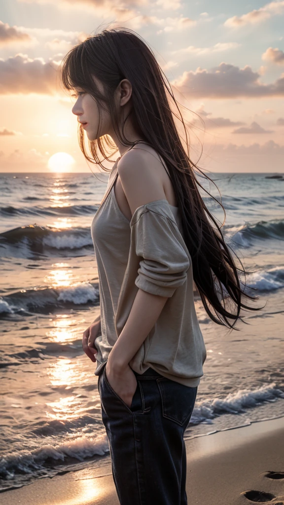 arafed woman standing on the beach at sunset with her hands in her pockets, bae suzy, jaeyeon nam, at beach at sunset, with sunset, jinyoung shin, at a beach, with long hair, xintong chen, posing on a beach with the ocean, with bangs, at the beach, on beach, in the beach, ulzzang, profile pic