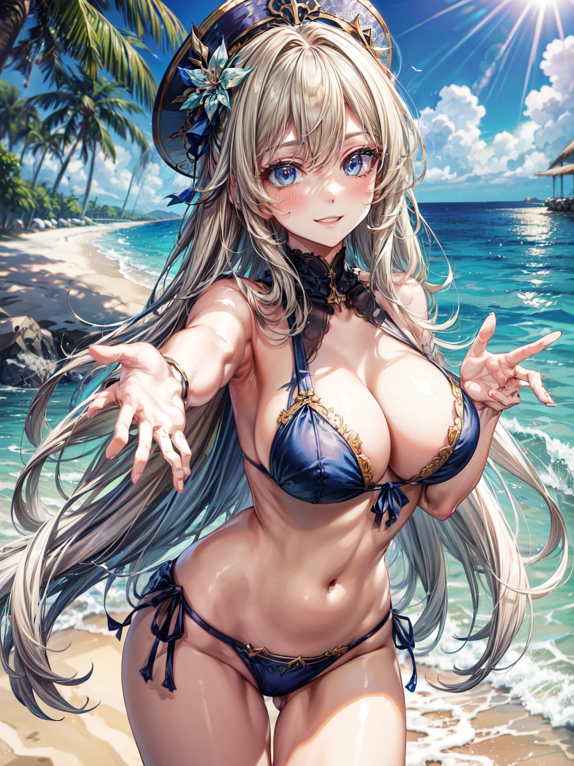 anime, beautiful face, highly detailed face, 2 accurate legs, blue detailed eyes, perfect fingers, perfect hand, highly detailed beach background, perfect lighting, best body lighting, navia hat, 1girl, solo, navia, genshin impact, outdoors, beautiful blonde long hair, absurdres, high res, ultrasharp, 8K, masterpiece, looking at viewer, (happy smile:1.2), blushing loads, BREAK (detailed sexy beach bikini:1.4), all intricate lace, (sexy pose:1.2), (hands reaching out towards viewer:1.4), incoming hand