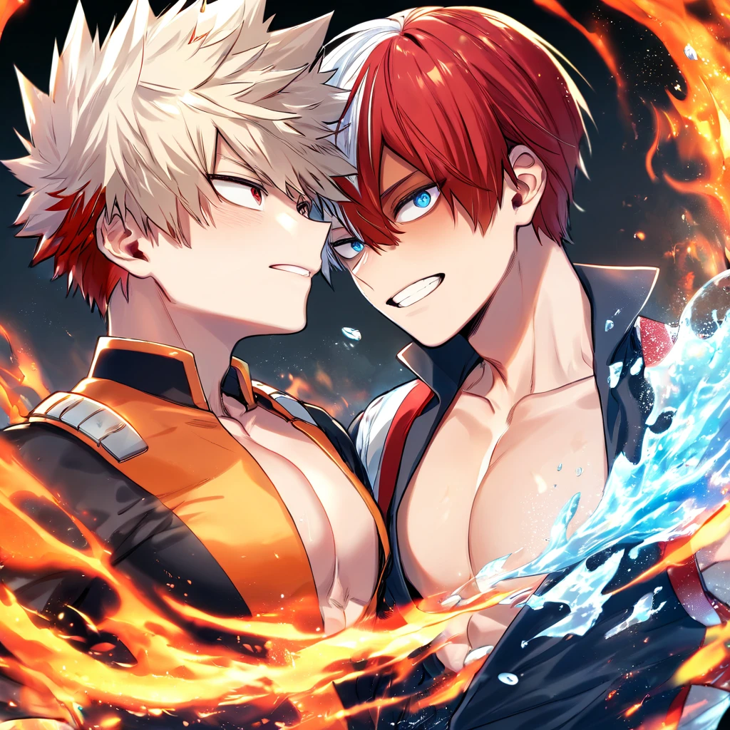 absurdres, highres, ultra detailed, HDR, master piece, best quality, Todoroki Shouto, bicolored hair, white hair right side, red hair left side, expressive blue eyes, Boku no hero academia, Bakugo Katsuki, ash-blonde hair, expressive red eyes, two sexy men together, yaoi, gay couple, handsome, toned chest, black hero clothes, magical, fantasy, fire, ice