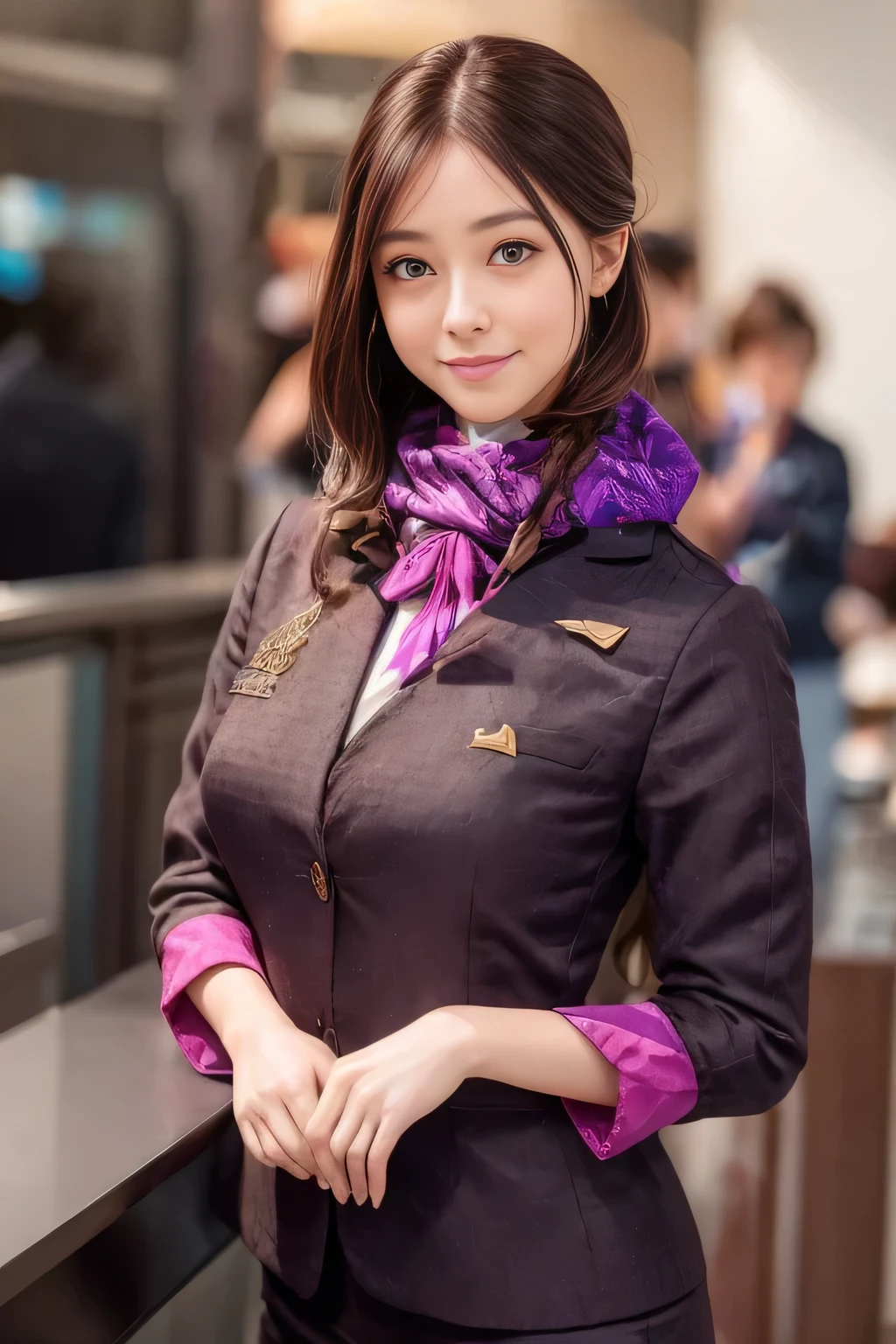 (masterpiece:1.2、highest quality:1.2)、32K HDR、High resolution、(alone、1 girl、Slim figure)、（Realistic reproduction of Etihad Airways flight attendant uniforms）、 (At the airport counter, Professional Lighting)、A proper woman, Beautiful Face,、（Etihad Airways flight attendant long sleeve uniform）、（Etihad Airways flight attendant uniforms、Skirt with purple stripes on the front）、（Scarf around the neck）、Big Breasts、（long hair、Hair Bun）、Dark brown hair、Long Shot、（（Great hands：2.0））、（（Harmonious body proportions：1.5））、（（Normal limbs：2.0））、（（Normal finger：2.0））、（（Delicate eyes：2.0））、（（Normal eyes：2.0））)、Beautiful standing posture、smile