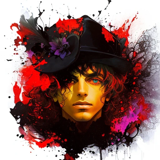 arafed image of a man with a hat and a red background, inspired by Syd Barrett, dark psychedelia style, inspired by Tadanori Yokoo, psychedelic colorization, expressive digital art, digital collage, inspired by Robert Beauchamp, digital mixed media painting, dark psychedelica, posterized color, violet polsangi pop art, by Syd Barrett