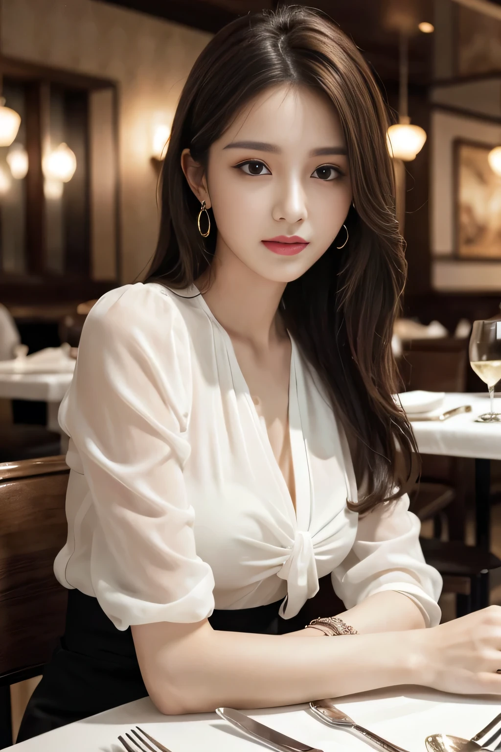 masterpiece, highest quality, Realistic, Very detailed, Finer details, High resolution, 8k wallpaper, One beautiful woman, Wear an elegant white see-through blouse, In a great restaurant, At night, Light brown messy hair, Perfect dynamic composition, Beautiful and beautiful eyes、Big earrings、Sitting in a chair、