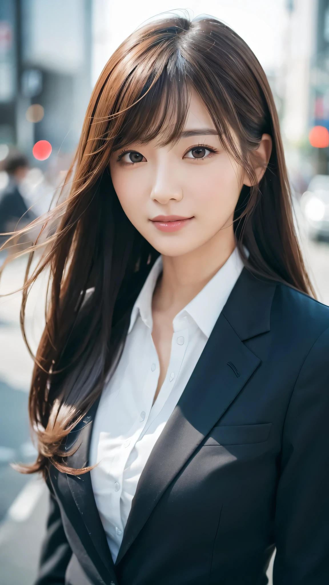 table top、highest quality、genuine、Super detailed、finely、High resolution、8k wallpaper、one beautiful woman、、、light brown disheveled hair、wearing a business suit、sharp focus、perfect dynamic composition、beautiful and detailed eyes、thin hair、Detailed genuine skin texture、smile、model body shape、In Tokyo at morning、Brush your hair up with your fingers.