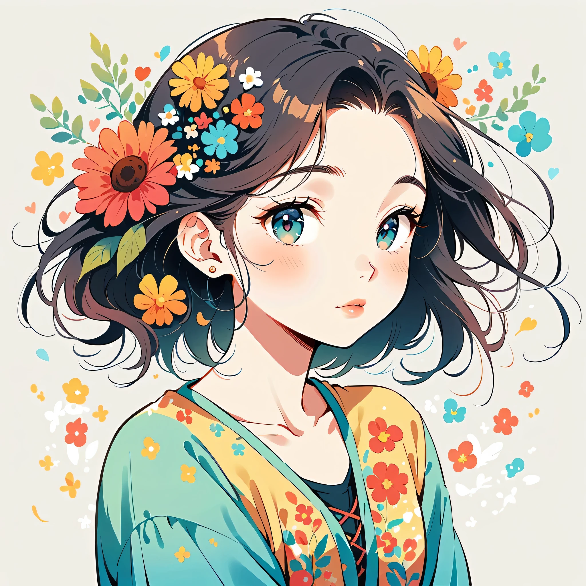Hayao Miyazaki Style、The most beautiful girl of all time、Lips in Love、Colorful flowers、Simple line initials、Abstract art、Urban Background