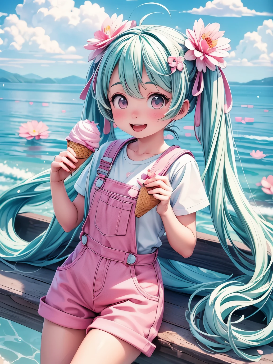 (masterpiece、highest quality、highest quality、Official Art、Beautiful and beautiful:1.2)、(One girl:1.3)Hatsune Miku、Twin tails,Big Breasts,masterpiece,highest quality, 1 girl,alone,Urarakaharu,Work clothes,Overalls Shorts,Flower-shaped pupil,change,Pink Shirt,Have ice cream,(ponytail:0.6),smile,Open your mouth,cloudy,