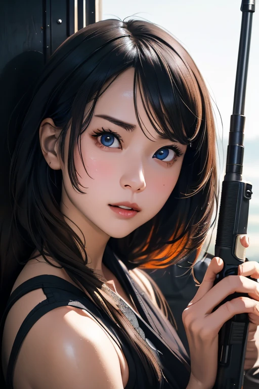 survival game、Heavy Armored Soldier、survival gameのフィールド、A beautiful girl is holding a firearm、head to waste、Vulcan cannon、m134 milligun、Material Rifle、heavy machine gun、