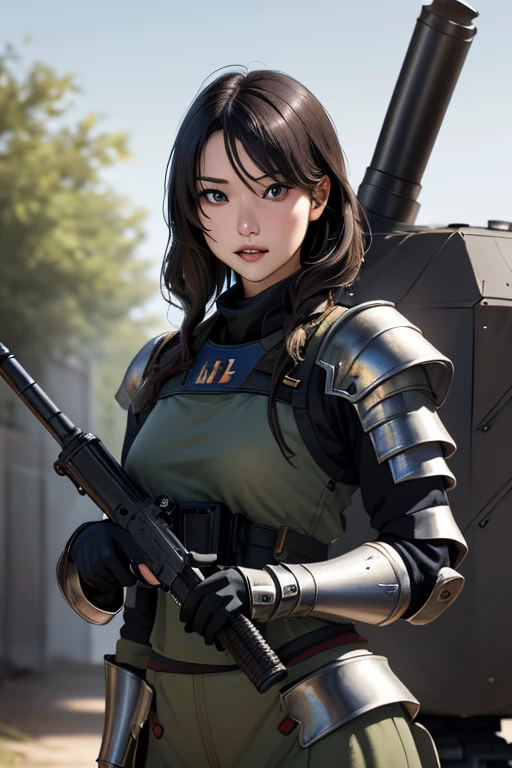 survival game、Heavy Armored Soldier、survival gameのフィールド、A beautiful girl is holding a firearm、head to waste、Vulcan cannon、m134 milligun、Material Rifle、heavy machine gun、