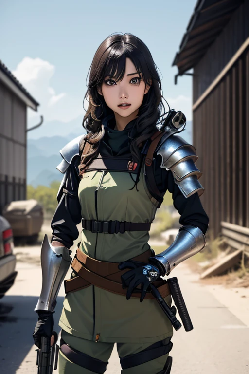 survival game、Heavy Armored Soldier、survival gameのフィールド、A beautiful girl is holding a firearm、head to waste、Vulcan cannon、m134 milligun、Material Rifle、heavy machine gun、