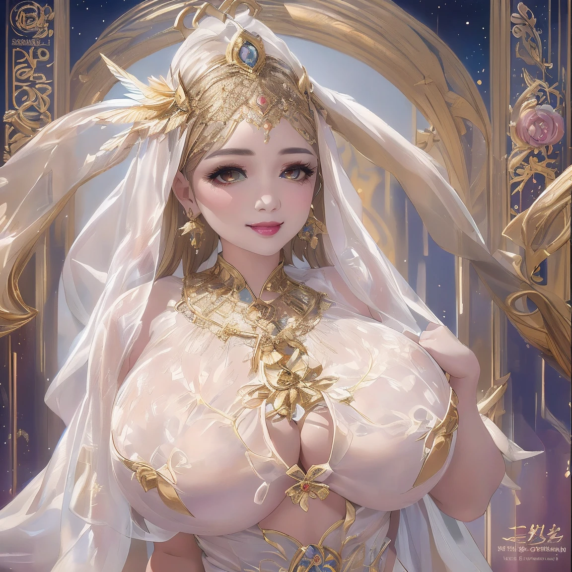 araffe woman in a white dress posing for a picture, wearing a cute white dress, curvy model, dressed in a beautiful white, wearing a wet white short dress, curvy hourglass figure, sexy dress, wearing white dress, thicc, beautiful full body shot, soft curvy shape, a beautiful woman in white, in a dress, Mature Woman, Looking at the audience, Attractive breasts,Sensual curves、bubble、Full Body Shot,Nightgown, Charming smile, Thick lips, plump lips, blush, Looking at the audience, Provocative expression, Beautiful Hairstyles, Cleavage, plump、Curvy Hips、Attractive face、Mischievous face、Sexy Lingerie、An inviting gaze、Expressing emotions、colored feather, Money Decoration, particle, Light, (masterpiece, highest quality, highest quality, Official Art, beautifully、aesthetic:1.2), (1 girl:1.3), Very detailed,(Fractal Art:1.1),(colorful:1.1)(Flowers:1.3),Most detailed, (Dynamic pose), (Shiny skin), (Many colors :1.4), ,(Earrings:1.4), (feather:1.4),masterpiece,Mr.々Hair style,Money Headband,Tulle covers the chest,Perfect balance, Detailed details of the garment,marble,cinematicLighting, Film Grain, contrast of Light and dark,High detail,(((Gorgeous Accessories))))、Openwork decoration,(((See-through dress)))、(((Anatomically correct body))) ,1 girl, (High resolution), (8k), (Very detailed), Perfect Face, Beautiful eyes and face, (((highest quality))), (Very detailed), Detailed face and eyes, Beautiful Eyes,(((Sexy pose))),Beautiful Eyes、Transparent double eyelids、(((Super gorgeous background)))、Bright Eyes,Money,diamond,gem,Body Chain,Luxury Accessories,beautifully、aesthetic,flower、(((Super gorgeous background)))、Bright Eyes
