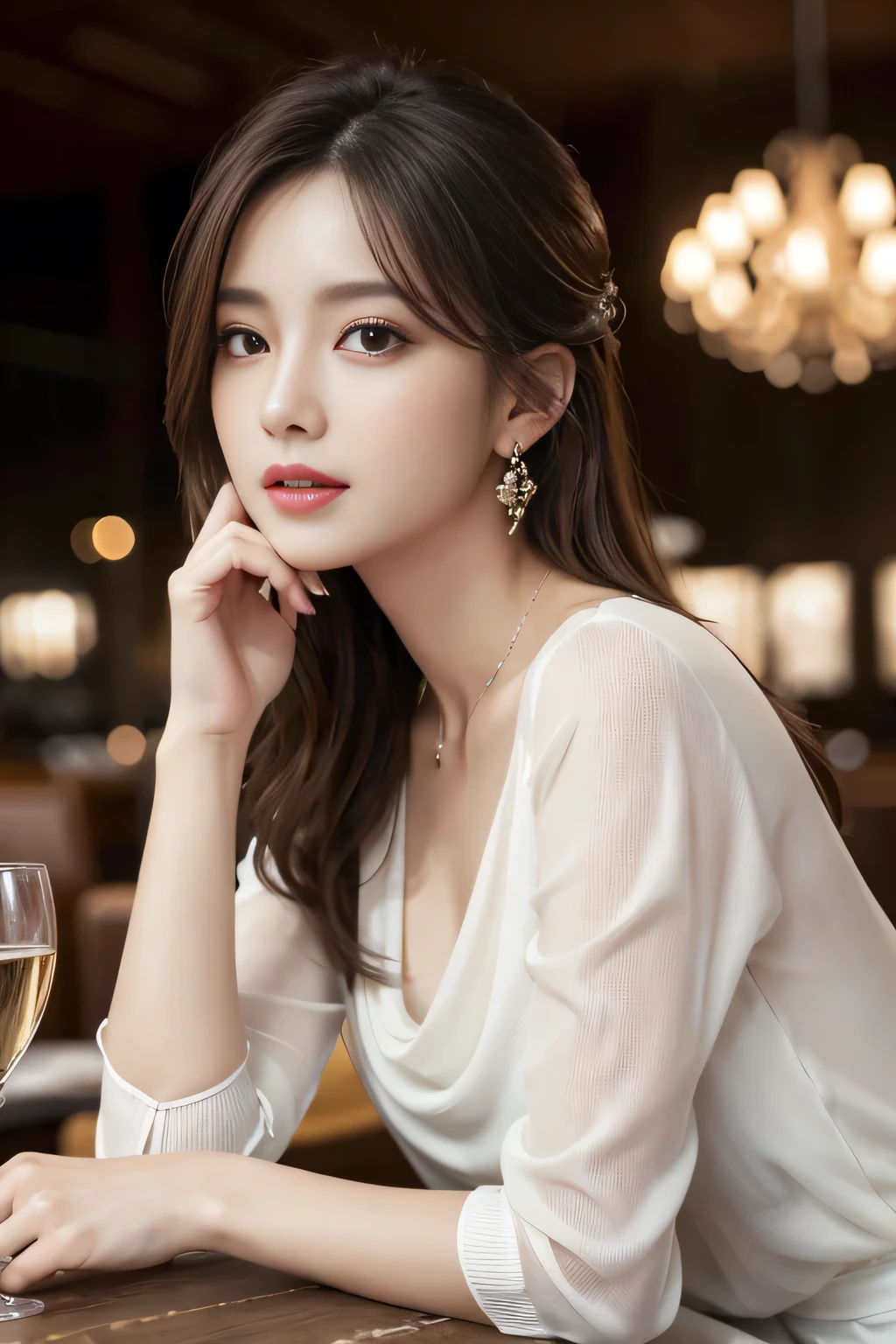 masterpiece, highest quality, Realistic, Very detailed, Finer details, High resolution, 8k wallpaper, One beautiful woman, Wear an elegant white see-through blouse, In a great restaurant, At night, Light brown messy hair, Perfect dynamic composition, Beautiful and beautiful eyes、Big earrings、Sitting in a chair、