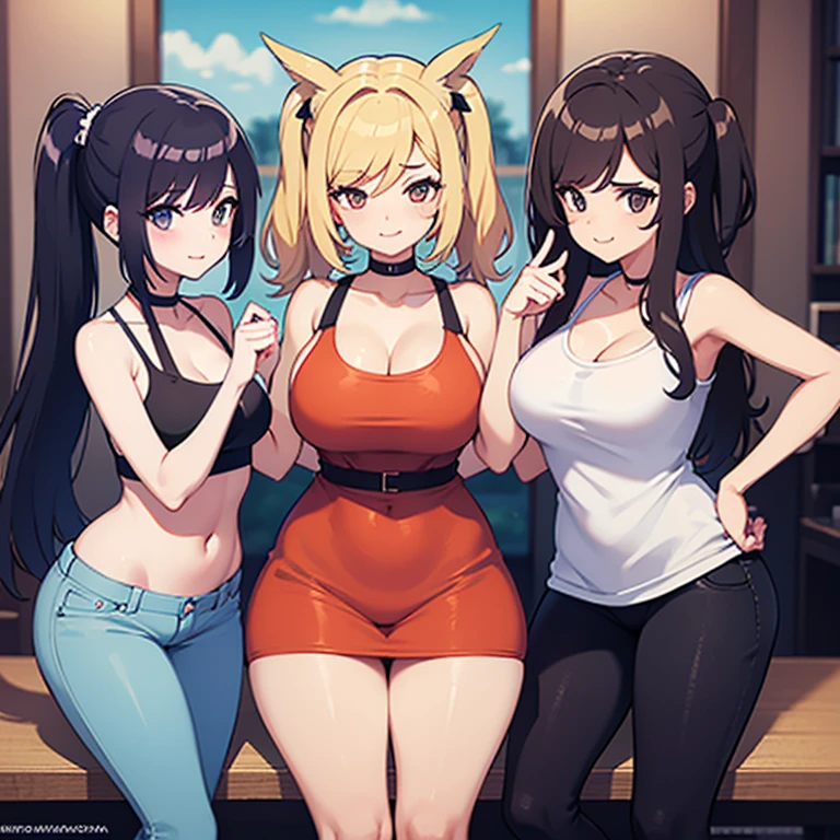 3 amigas charlando, bonitas, curvy, distintos cabellos , casual, sin mirar a la camara