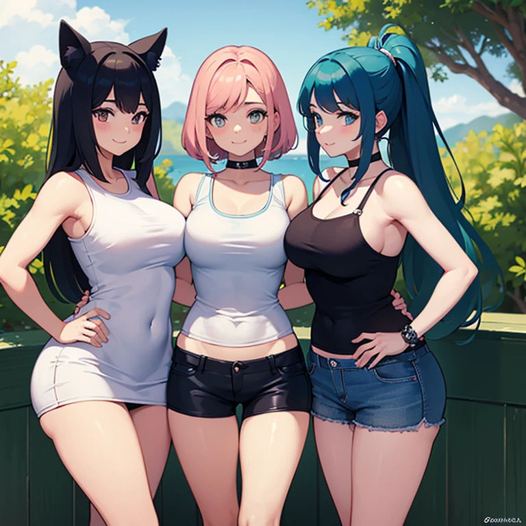 3 amigas charlando, bonitas, curvy, distintos cabellos , casual, sin mirar a la camara