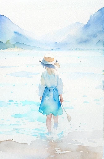 painting of a woman walking in the water with a hat on, watercolour on paper, watercolor on paper, water color on paper, watercolor sketch, inspired by Riusuke Fukahori, ((water color)), rough watercolor painting, loose watercolor drawing, a watercolor painting, distant full body view, by Yuko Tatsushima, blurry and dreamy illustration