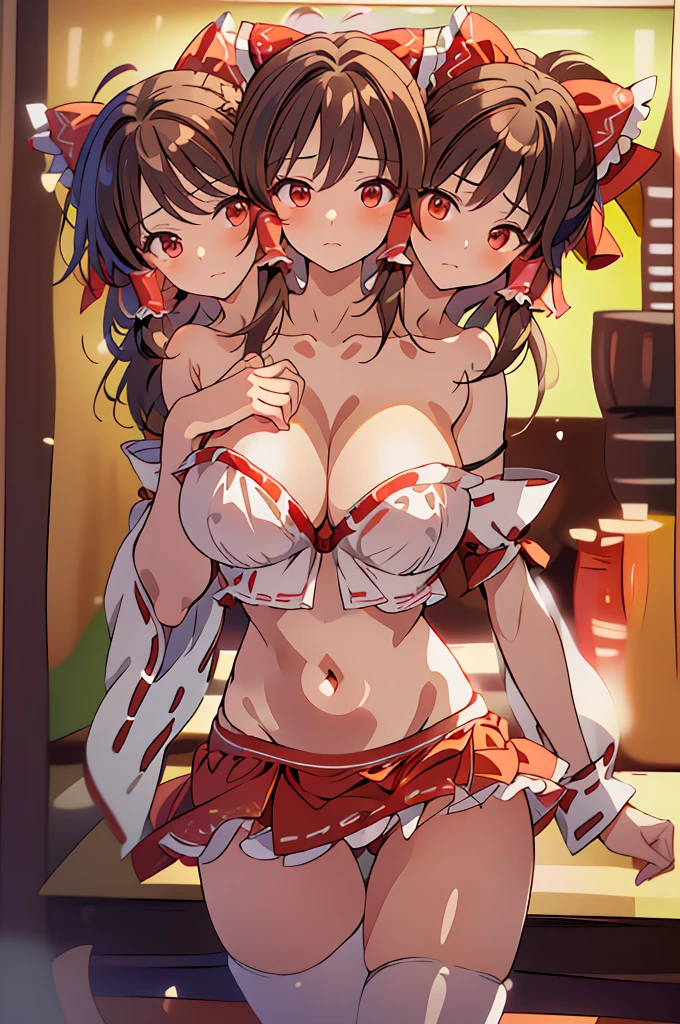 (masterpiece, best quality), best quality, (ultra-detailed), (3heads:1.5), 1girl, (hakurei reimu:1.3), masterpiece, best quality, ultra quality, ultra resolution, ultra detail, red top, crop top, ((stomach)), midriff, ((groin)), red skirt, normal ears, shackles, brown hair, very long hair, wavy hair, sidelocks, brown eyes, detailed eyes, parted lips, sweat, cute, toned belly, hand on own chest, eyelashes, (24 year old woman:1.3), (masterpiece:1.5), (best quality:1.5), (beautiful detailed), extremely detailed CG, extremely delicate and beautiful, depth of field, (finely detailed face), (perfect details:1.2), (mature female:1.3), wide pelvis, slender, large veiny breast, 16k resolution, highres, high quality, high definition, extremely detailed, masterpiece, brown hair, long hair, alluring presence, braid, short skirt, close up, big tits, young, red bow, frilled bow, hair tubes,