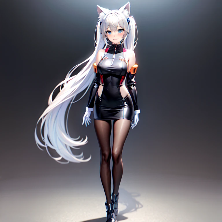 A highly detailed anime art style, a beautiful woman, full body, solo standing, ((perfect human body)), realistic face, animal ears, bangs, blush, bodysuit, ((robotic parts)), large breasts, bare shoulder, long hair, long sleeves, (looking to left), skin tight, smile, solo, twintails, very long hair, dark fantasy background, white gloves, (masterpiece:1.4), (shiny skin), light blue eyes, mini skirt