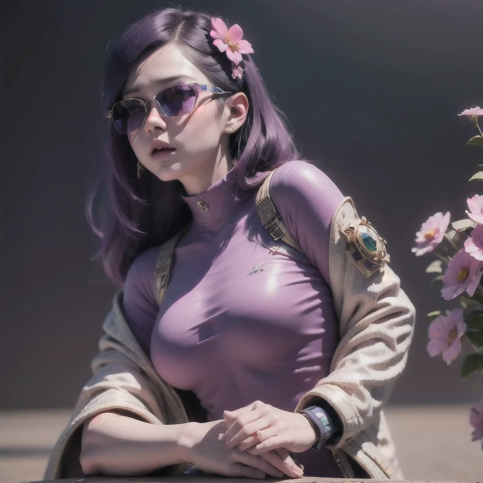 🌺 wearing a purple outfit and sunglasses with a purple choke, trending on cgstation, artwork in the style of guweiz, inspired by Yanjun Cheng, guweiz, deviantart artstation cgscosiety, 🌺 cgsociety, 3 d render character art 8 k, g 🌺 art style, inspired by Feng 🌺,sunglasses,（（Imperial Green Emerald Desert Windproof Sunglasses））🌺🌺🌺🌺🌺🌺🌺🌺🌺