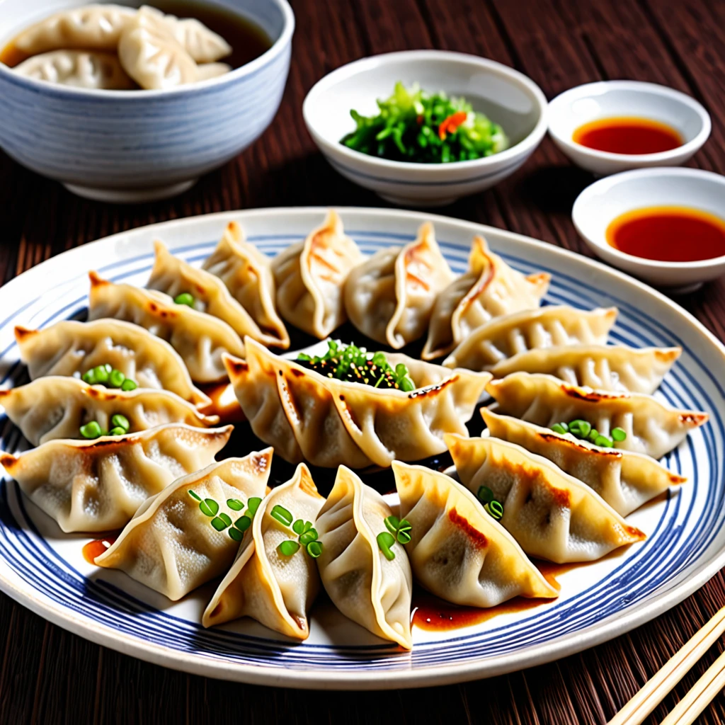 These dumplings are made from wheat flour dough rolled out thinly and shaped into semicircular shapes.、Gyoza dumplings with grilled surface、