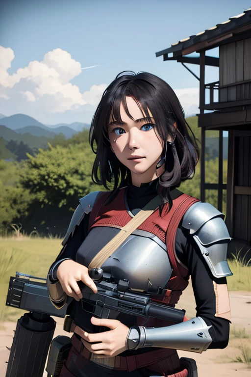 survival game、Heavy Armored Soldier、survival gameのフィールド、A beautiful girl is holding a firearm、head to waste、Vulcan cannon、m134 milligun、Material Rifle、heavy machine gun、