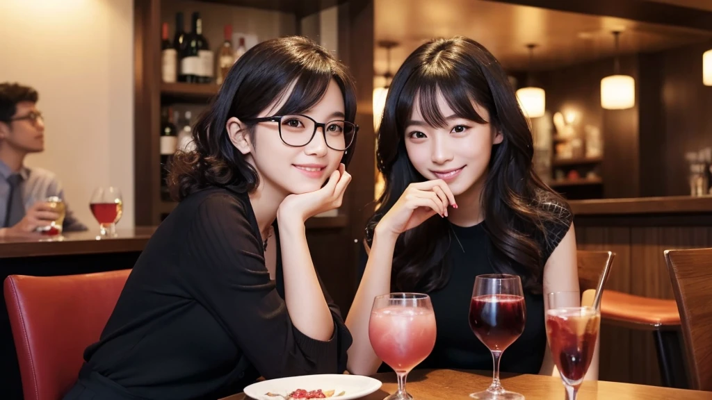 (masterpiece:1.2), high quality, High resolution, High-definition images like those taken with a high-end camera、Two people, male and female、sitting next to each other in chairs、There is food on the table、The man is a 24-year-old Japanese man.、Cut your hair short、Wearing glasses、Looks quiet、Black Hair、Curly hair、Holding a wine glass with red wine、The woman is an 18-year-old Japanese woman.、A lovely smile while drinking、Holding a cocktail glass filled with a cocktail、The location is a dimly lit bar