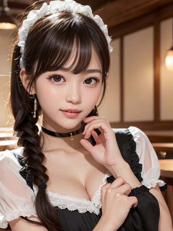 masterpiece、masterpiece、One girl per photo、(Face close-up、Cowboy Shot)、Front view from the front、Japanese、Very young and beautiful woman、(The cutest girl in the world)、24.age、Makes your face smaller、Big ample breasts、Cleavage、Wearing a cute black maid outfit made of short sleeve silk satin、Very elaborate costumes、Smiling at the cafe、Black ribbon headdress、Scrunchie、Black choker、Attractive appearance、Super cute face、Glossy Lips、Double eyelids on both eyes、 Natural Makeup、Long eyelashes、Shiny and smooth light brown hair、Bans、Short Twin Tails、Asymmetrical bangs、Center image、8K resolution、Advanced Details、Detailed hairstyle、Detailed face、Great cinema lighting、Octane Rendering、Vibrant、Ultra-realistic、Perfect limbs、Perfect Anatomy、Making hearts with your hands、(embarrassed、blush、open clothes、cleavage)