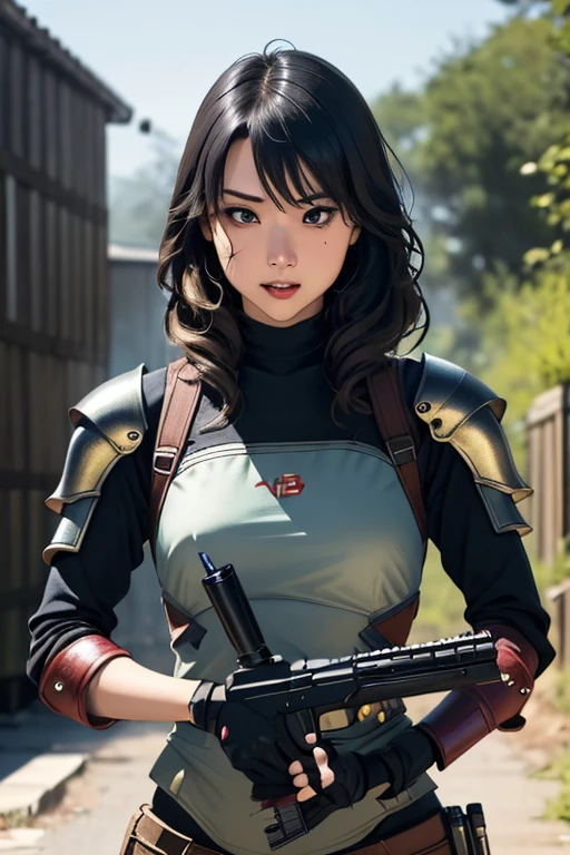 survival game、Heavy Armored Soldier、survival gameのフィールド、A beautiful girl is holding a firearm、head to waste、Vulcan cannon、m134 milligun、Material Rifle、heavy machine gun、