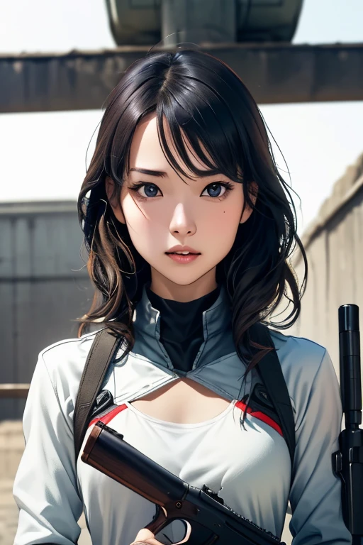 survival game、Heavy Armored Soldier、survival gameのフィールド、A beautiful girl is holding a firearm、head to waste、Vulcan cannon、m134 milligun、Material Rifle、heavy machine gun、