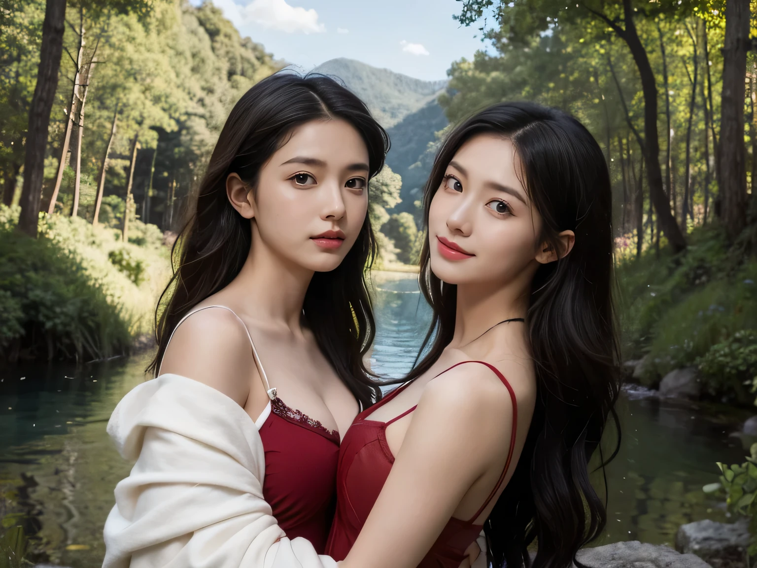 Giorgione painting style,Barbizon forest A beautiful woman in Greek dress smiles on the shore,Sweet and seductive appearance.、Caravaggio's paintings、Chiaroscuro of Caravaggio、hair tousled by the wind,Two women frolicking,cute smile, expression of ecstasy,Sexy,erotic, full body portrait