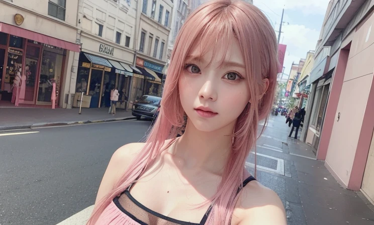 hair color: pink　model　woman　Long Hair　Sleeveless　pink clothes　diagonal　Selfie　diagonal上　Selfie　summer　highest quality, masterpiece))), High resolution, Very detailed, masterpiece, Cinema Lighting, (8k, highest quality, masterpiece: 1.2), (Realistic, photoRealistic: 1.37) High Resolution, Super detailed, 1 girl、30 years old、Street Snap、Big black eyes