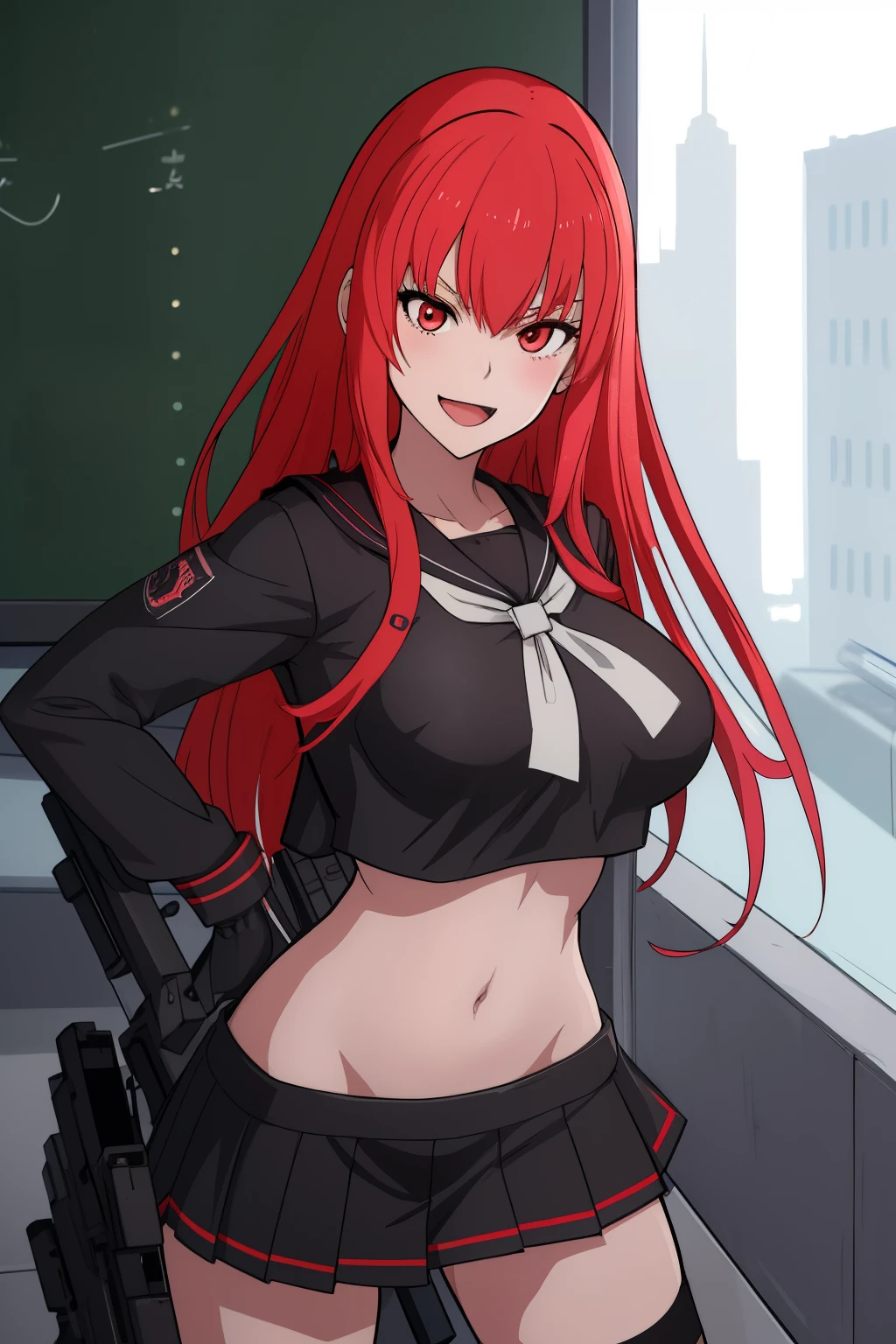 verapgr_nife, jewelry, long hair, big breast, blush, lipstick, masterpiece, best quality, highly detailed, a anime girls in sailor uniforms with a gun posing for a picture,
evil smile, smile, open mouth,black_serafuku, ecchi anime style, anime girls ,
ecchi style, ecchi, shipgirls, digital anime art!!, high school girls, holding a gun, hold a gun, anime style 4
k, micro skirt, exposed belly, exposed navel, exposed midriff,
exposed lower belly,school, classroom,