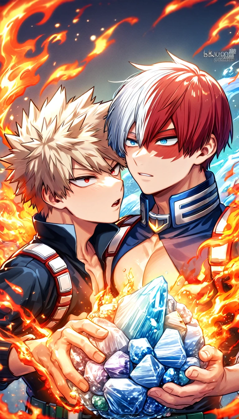 absurdres, highres, ultra detailed, HDR, master piece, best quality, Todoroki Shouto, bicolored hair, white hair right side, red hair left side, expressive blue eyes, Boku no hero academia, Bakugo Katsuki, ash-blonde hair, expressive red eyes, two sexy men together, yaoi, gay couple, handsome, toned chest, black hero clothes, magical, fantasy, fire, ice