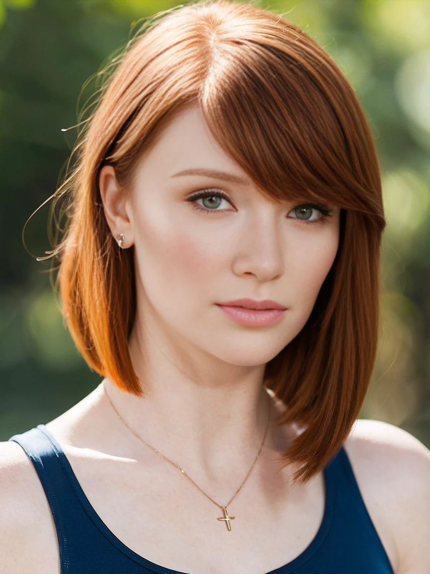 Bryce Dallas, Close-up focus on 1 skinny model, wearing a blue fitted tank top that covers her small breasts, pixie cut redhead hair, detailed eyes, necklace, High quality, Masterpiece, Best quality, Extremely detailed, warm colors, Photorealistic
