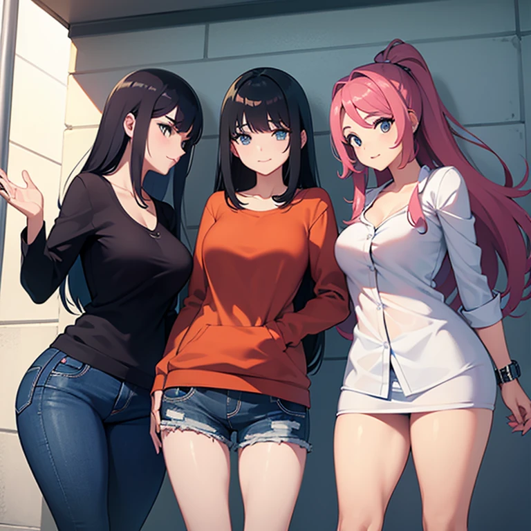 3 amigas charlando, bonitas, curvy, distintos cabellos , casual, sin mirar a la camara