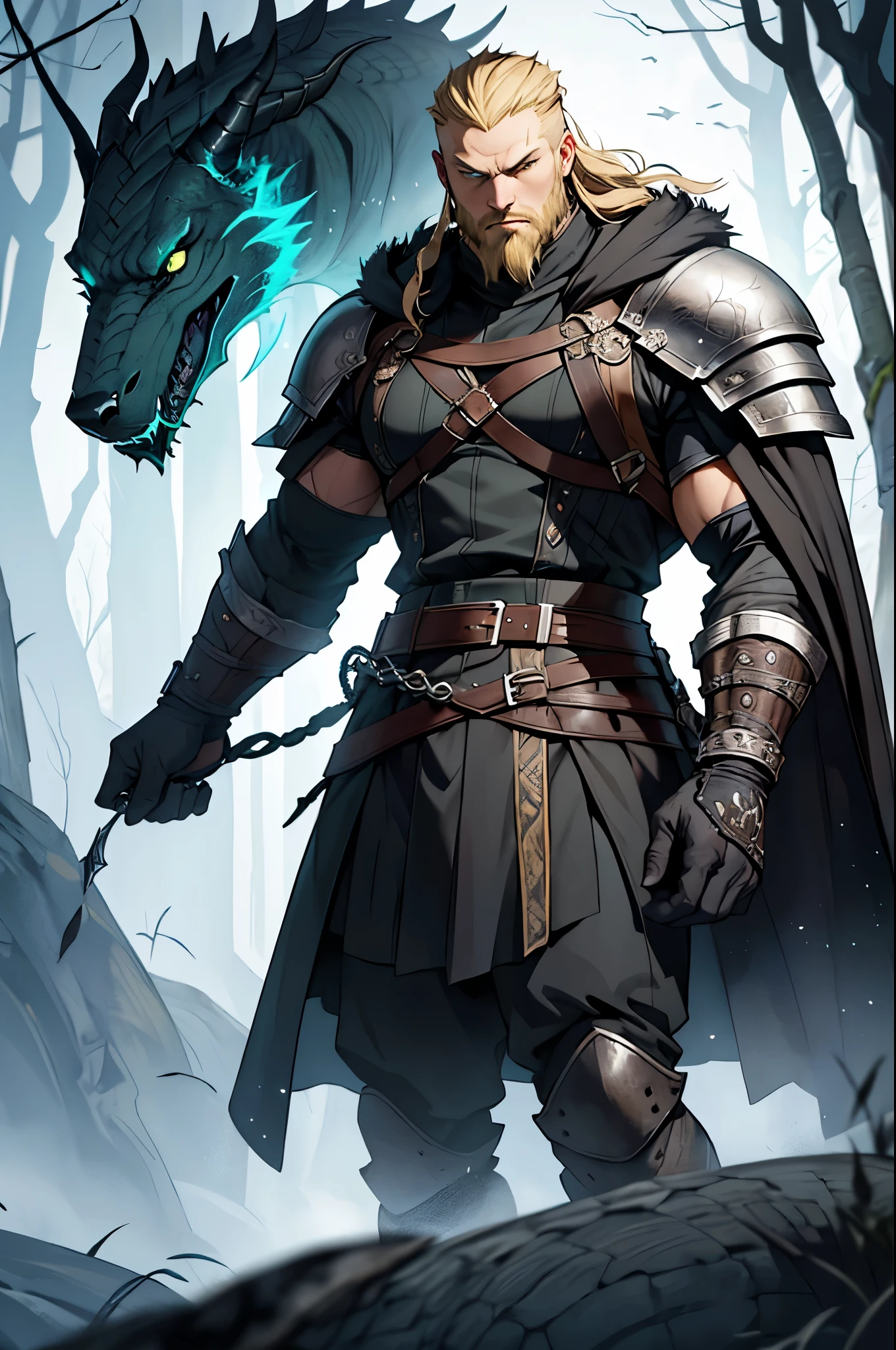 Create a high-fantasy character portrait of Ragnar Bjornsson (Jormungandr), a formidable member of the Brotherhood of Shadows. He has a strong, angular face with a square, defined jawline. His skin is fair with a slight golden hue, and his severe facial features are authoritative. His intense green eyes have a reptilian glint, both hypnotic and terrifying, with a penetrating gaze. His long blond hair is often braided in traditional Viking styles, and his thick beard is well-groomed. Ragnar is extremely muscular and powerful, with a wide torso and strong limbs, exuding an intimidating and dominant presence. He wears leather and metal armor decorated with snake motifs, a wolf fur cloak, and rune-engraved bracers and belts. He is surrounded by an aura of dark, serpentine energy, sometimes manifesting as moving reptilian shadows with a dark green glow.