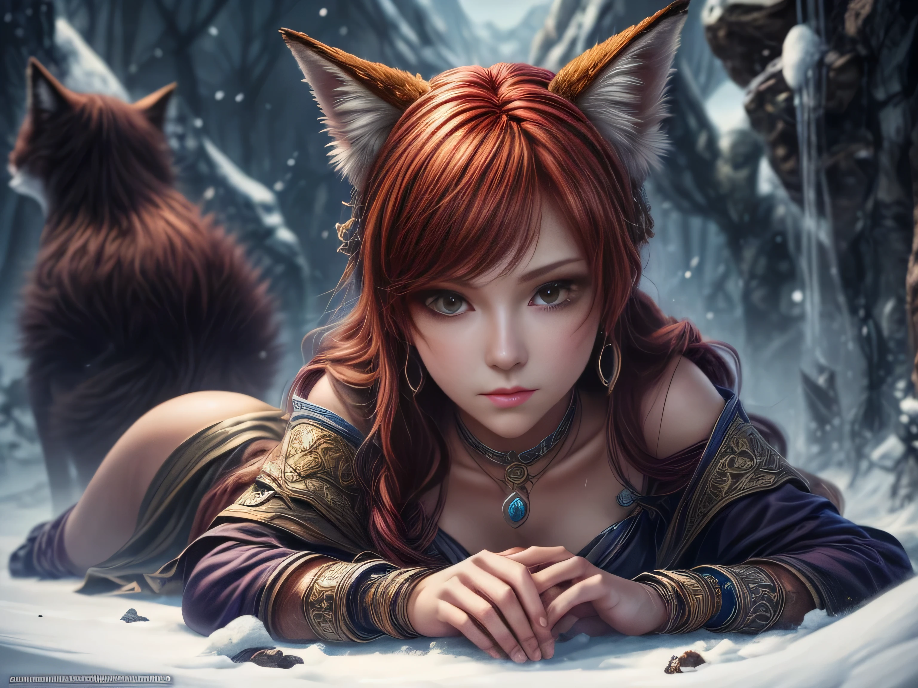 (Best quality, 8K, masterpiece, HDR, soft lighting, picture perfect, realistic, vibrant), foxgirl with red hair and little fox lying on the snow, kitsune, beautiful fox, nobushi fox, beautiful female kitsune, digital anime illustration, beautiful illustration, beautiful digital artwork, exquisite digital illustration, realistic digital anime art, realistic anime style digital art, (ultra high quality fantasy art, final fantasy), masterpiece, ultra high quality female character design, anime art with development 8k, realistic anime art, wallpaper illustrations of the highest quality, complex ultra high quality accurate faces of female characters, high quality design and accurate physics (ultra high quality fantasy style)), art, dark fantasy)) Style), masterpieces, super high quality characters, anime resolution - 8K, realistic anime art, highest quality wallpaper illustration, ultra-high facial detail, quality design and physics accuracy), by color, depth of field, shadows, ray tracing, high quality and 8K resolution computer wallpaper production, Fantasy Love Fox, Dark Fox -mage, (Accurate simulation of the interaction of light and materials)], [Highly detailed hair [More about beautiful and shiny red hair]], (Beautifully detailed hands [perfect fingers [Beautiful nails]], (perfect anatomy (perfect proportions)) [[ Full-length]], [Perfect color combination (Accurate imitation of the interaction of light and material)], [art that conveys the meaning of the story]