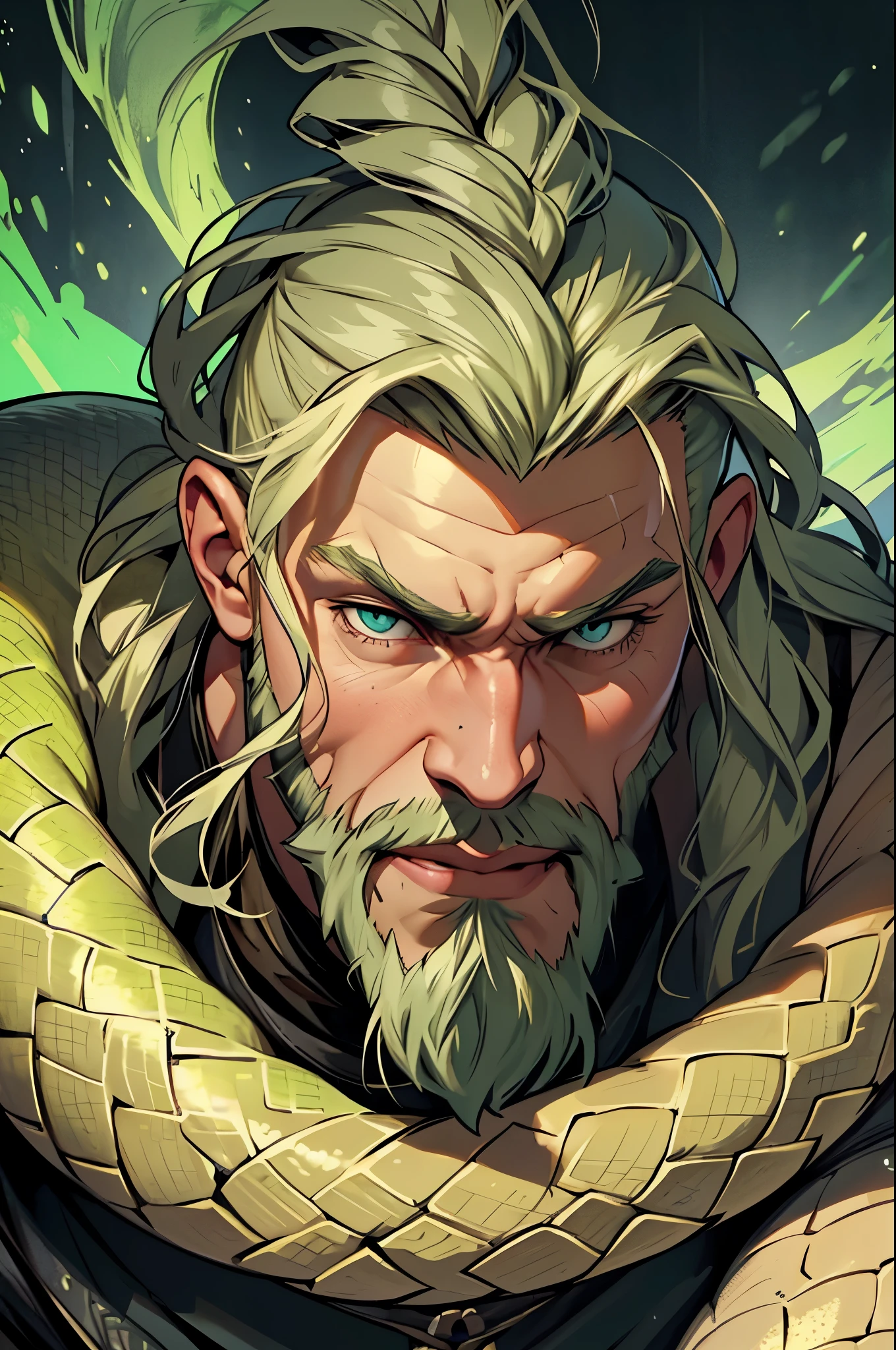 Create a detailed close-up portrait of Ragnar Bjornsson (Jormungandr). He has a strong, angular face with a square, defined jawline. His fair skin with a slight golden hue and severe, authoritative features are complemented by his intense green eyes, with a reptilian glint. His long blond hair, often braided in traditional Viking styles, and his thick, well-groomed beard add to his robust appearance. Add a subtle aura of dark, serpentine energy with a dark green glow around him to emphasize his connection with Jormungandr.