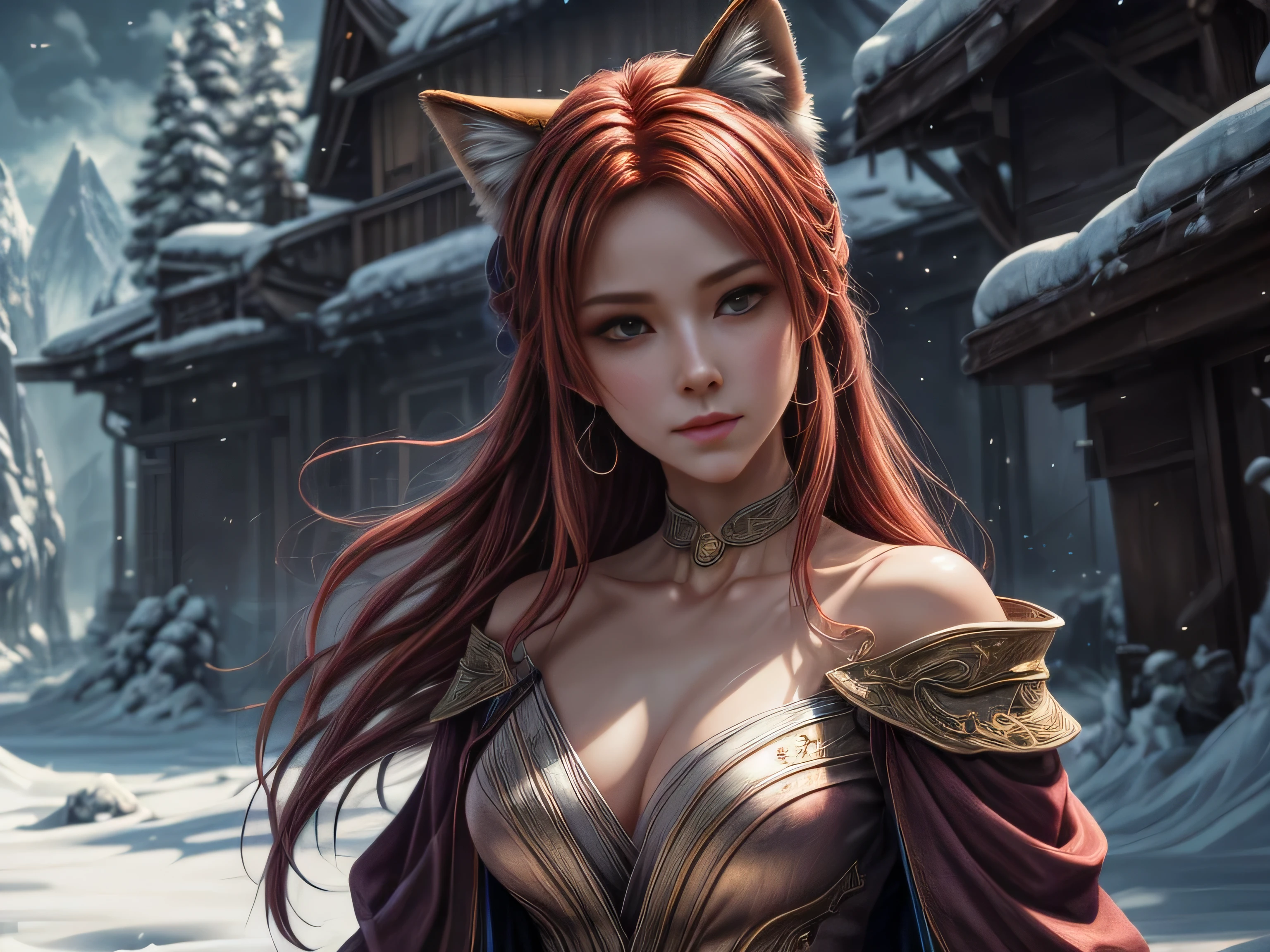 (Best quality, 8K, masterpiece, HDR, soft lighting, picture perfect, realistic, vibrant), foxgirl with red hair and little fox lying on the snow, kitsune, beautiful fox, nobushi fox, beautiful female kitsune, digital anime illustration, beautiful illustration, beautiful digital artwork, exquisite digital illustration, realistic digital anime art, realistic anime style digital art, (ultra high quality fantasy art, final fantasy), masterpiece, ultra high quality female character design, anime art with development 8k, realistic anime art, wallpaper illustrations of the highest quality, complex ultra high quality accurate faces of female characters, high quality design and accurate physics (ultra high quality fantasy style)), art, dark fantasy)) Style), masterpieces, super high quality characters, anime resolution - 8K, realistic anime art, highest quality wallpaper illustration, ultra-high facial detail, quality design and physics accuracy), by color, depth of field, shadows, ray tracing, high quality and 8K resolution computer wallpaper production, Fantasy Love Fox, Dark Fox -mage, (Accurate simulation of the interaction of light and materials)], [Highly detailed hair [More about beautiful and shiny red hair]], (Beautifully detailed hands [perfect fingers [Beautiful nails]], (perfect anatomy (perfect proportions)) [[ Full-length]], [Perfect color combination (Accurate imitation of the interaction of light and material)], [art that conveys the meaning of the story]