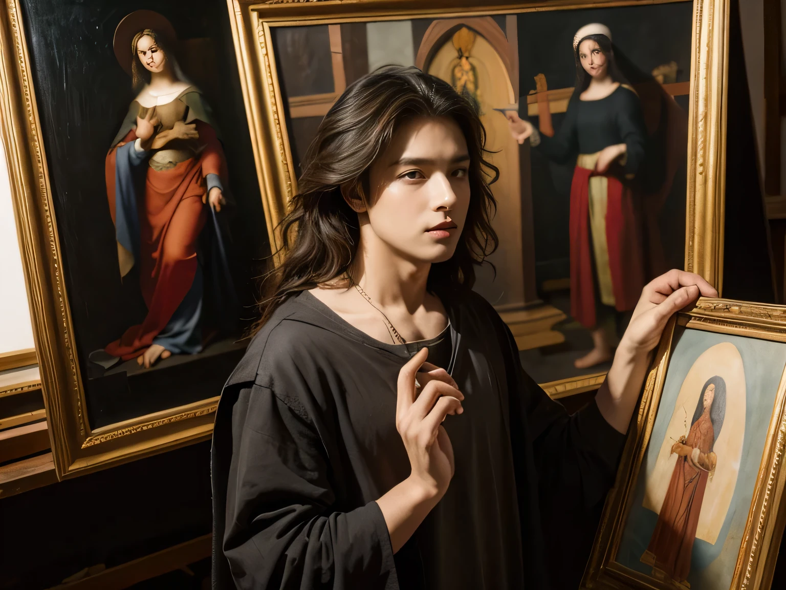 Raphael working on religious paintings in his studio.