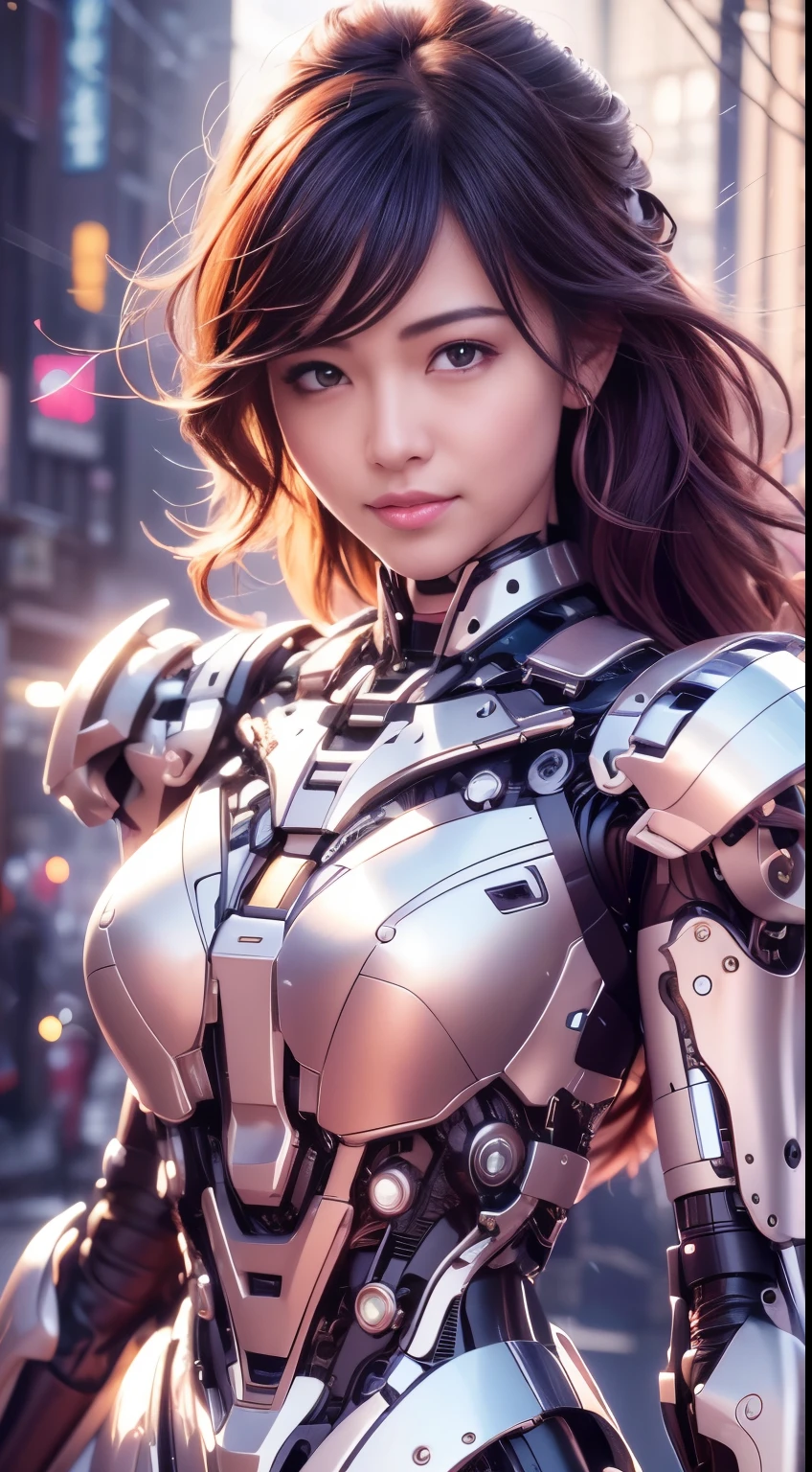 top-quality、masterpiece、超A high resolution、(Photorealsitic:1.4)、Raw photo、girl with、A smile、glowy skin、Focus:1.2、Perfect Body Beauty:1.1、Excited smile、Embarrassed face、Show off your insertions:1.8、 Major、Many accusations、(Realistic, Photorealsitic:1.4), ((super realistic details))、portlate、global illumination、Shadow、octan render、8K、ultrashar、Raw skin is exposed in cleavage、metals、Details of complex ornaments、highly intricate detail、Realistic light、CGSoation Trends、a purple eye、radiant eyes、Facing the camera、neon details、Mechanical limbs、blood vessels connected to tubes、Mechanical vertebrae attached to the back、mechanical cervical attaching to neck、sitting on、Wires and cables connecting to the head、Gundam、Small LED lamp