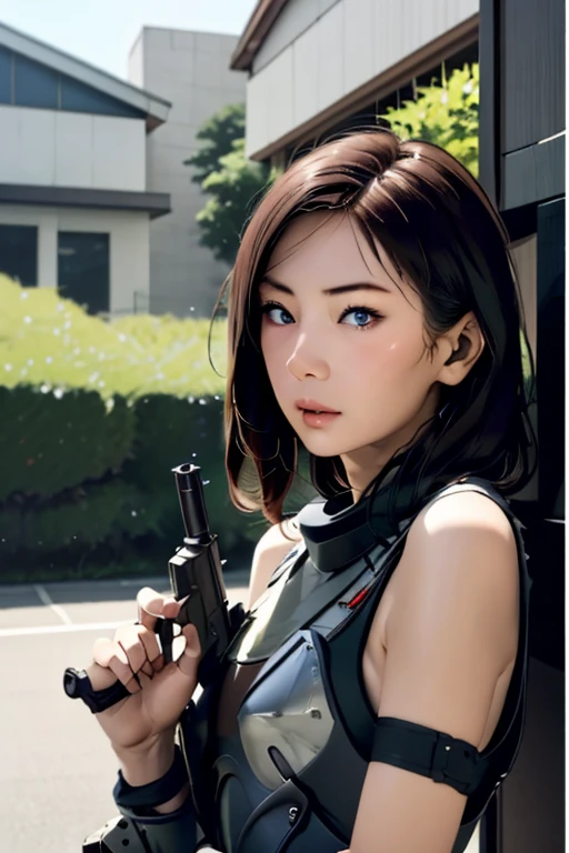 survival game、Heavy Armored Soldier、survival gameのフィールド、A beautiful girl is holding a firearm、head to waste、Vulcan cannon、m134 milligun、Material Rifle、heavy machine gun、