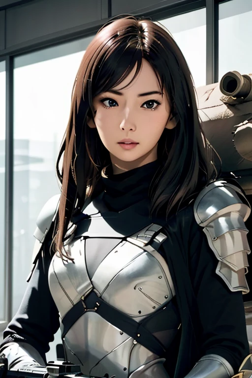 survival game、Heavy Armored Soldier、survival gameのフィールド、A beautiful girl is holding a firearm、head to waste、Vulcan cannon、m134 milligun、Material Rifle、heavy machine gun、
