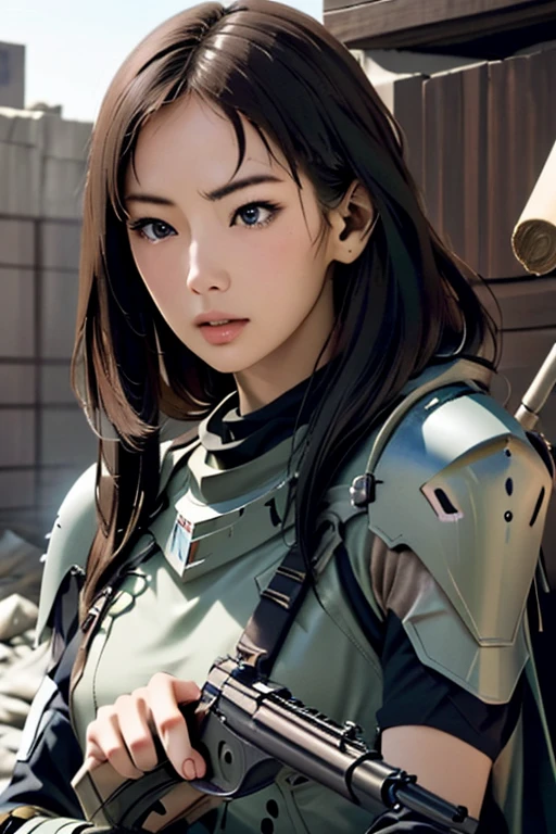 survival game、Heavy Armored Soldier、survival gameのフィールド、A beautiful girl is holding a firearm、head to waste、Vulcan cannon、m134 milligun、Material Rifle、heavy machine gun、