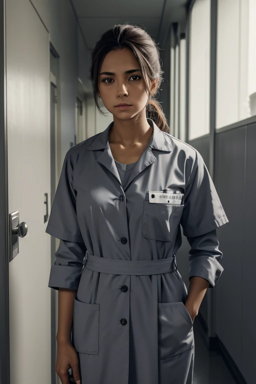 A female asylum inmate in grey hospital uniform
